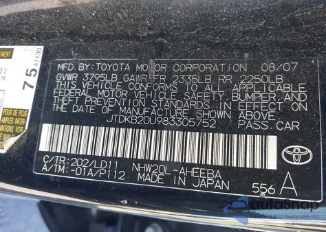 2008 Toyota Prius z USA, uszkodzony, nr VIN JTDKB20U983305752